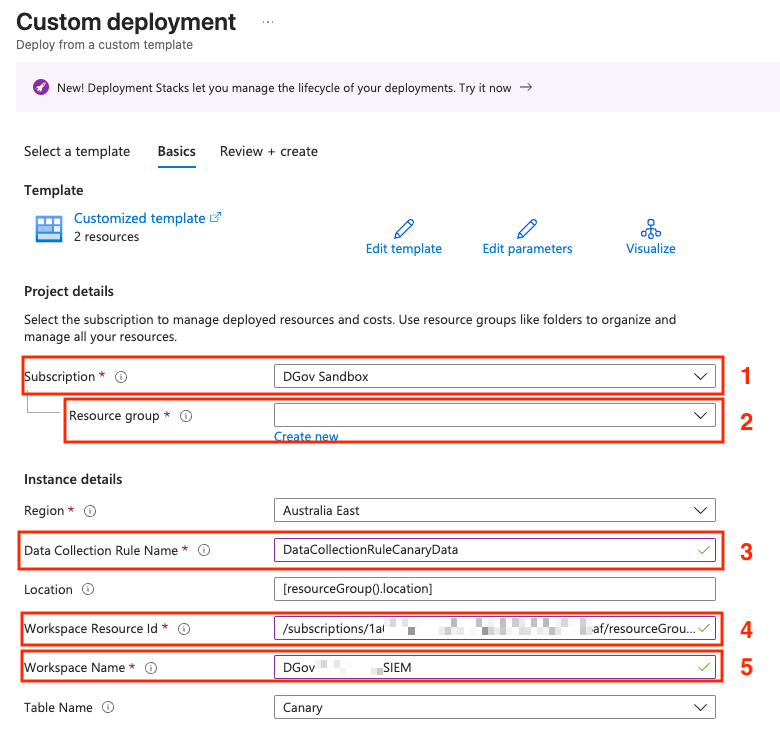 Screenshot of the DCR ARM template