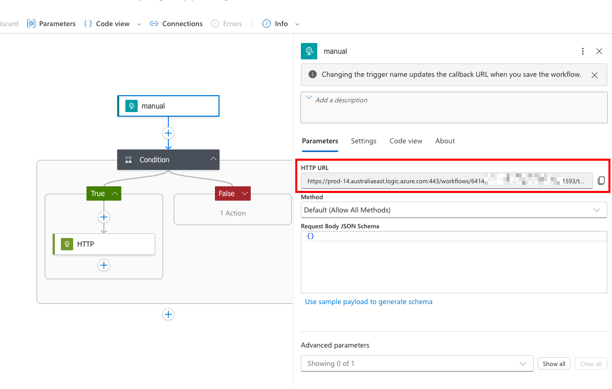 Screenshot of the HTTP URL - trigger action