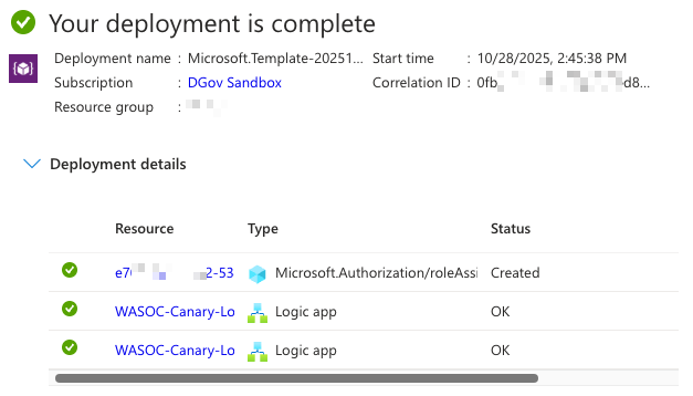 Screenshot of the successful deployment of the Logic App